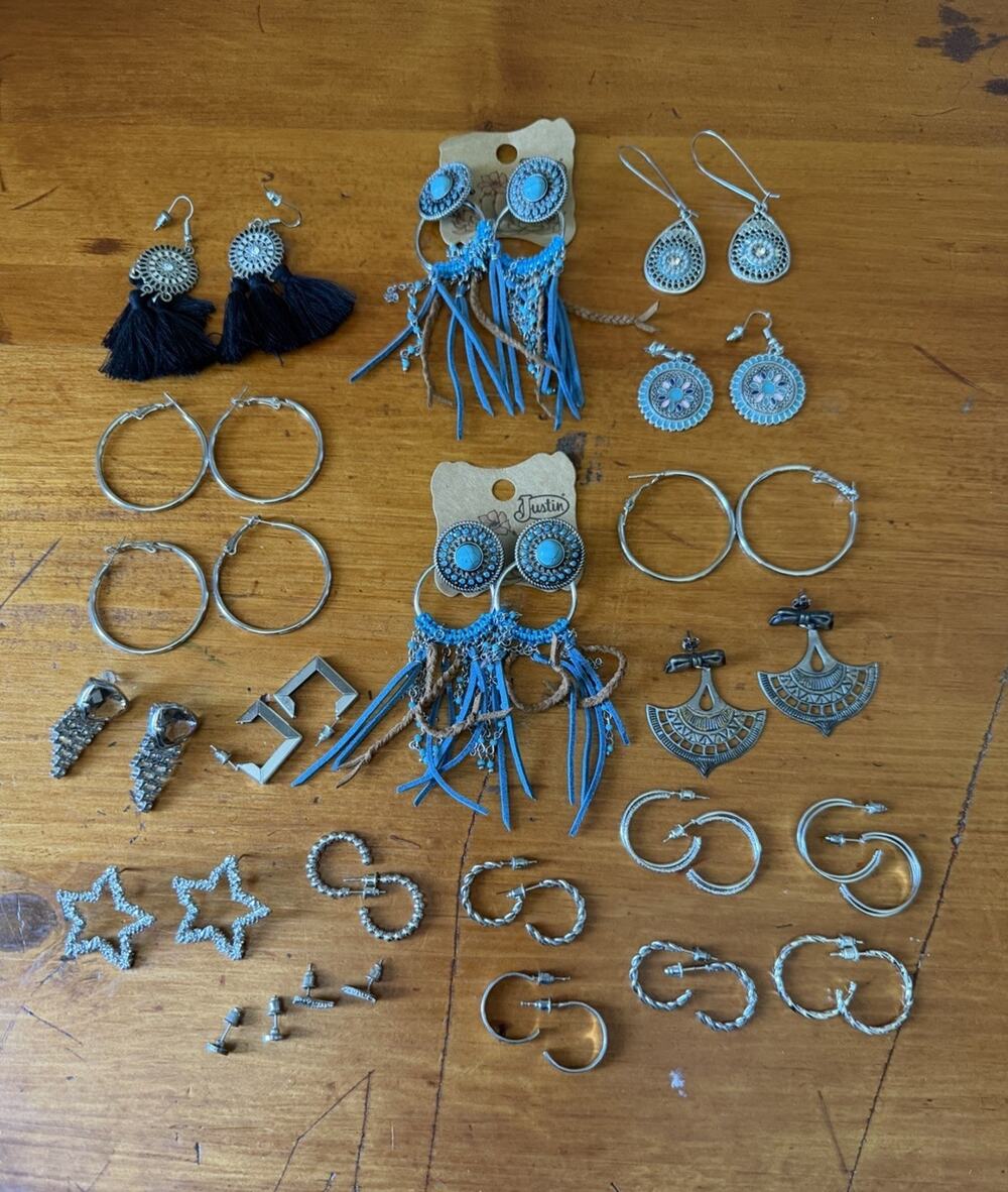 Silver Tone Earring Lot 21 Pairs Boho Western Turquoise Hoop Statement Jewelry